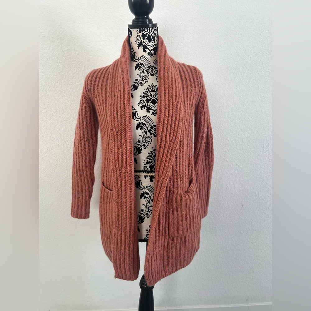LOFT Petite Small Rust Wool Blend Chunky Ribbed Open Front Cardigan Sweater